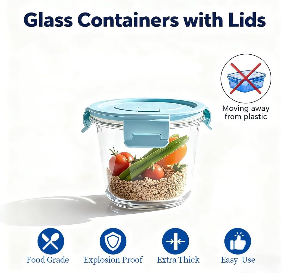 Small Round Glass Food Storage Containers with Lids, 1.5 Cup Round Food Containers set BPA-Free, 12oz Glass Lunch Bowls for Soup Leftover, Microwave, Dishwasher and Freezer Safe (4pack)