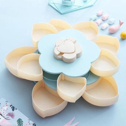 Ochine Rotatable Serving Tray and Platters, Divided Snack Serving Tray with Lid, Creative Flower Type Fruit Tray, Dried Fruit Food Storage Organizer, Double Deck Petal Shaped Platter Candy Box