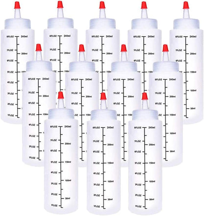 Baaxxango 12 Pack 8 oz Plastic Squeeze Bottles with Red Tip Cap and Scale