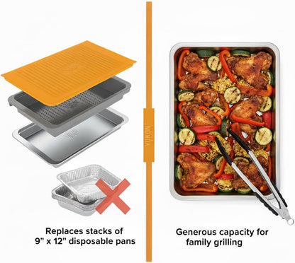 PREP ‘N Serve Premium Set™ - Plastic Container with Lid for Marinades, Stainless Steel Serving Tray, Aluminum Defrosting Tray, and a Plastic Cutting Board - the Ultimate BBQ Food Prep Utensil Set