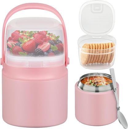 2 - in - 1 Soup Thermo for Hot Food 14oz with Snack Box Container Leak Proof Insulated Lunch Container Kids and Adults Stainless Steel Double Wall Vacuum Wide-mouth Thermal with Spoon and Handle