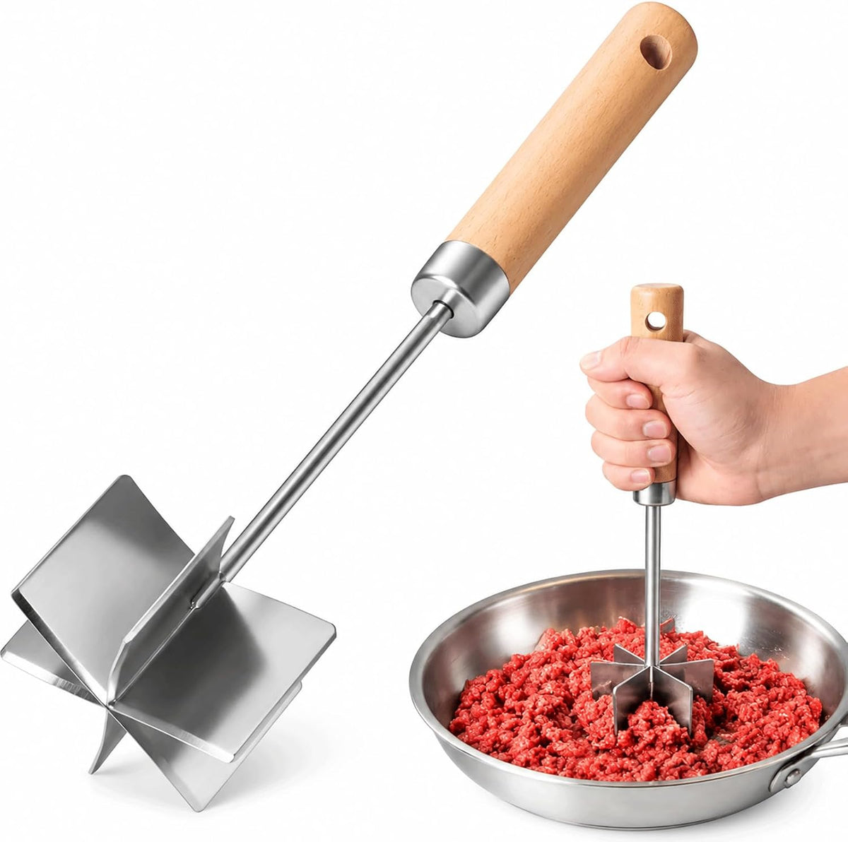 304 Stainless Steel Meat Chopper, 6-Blade Ground Beef Masher & Hamburger Smasher Tool, Heavy Duty Ground Meat Chopper with Ergonomic Wooden Handle for Beef, Turkey & Potatoes