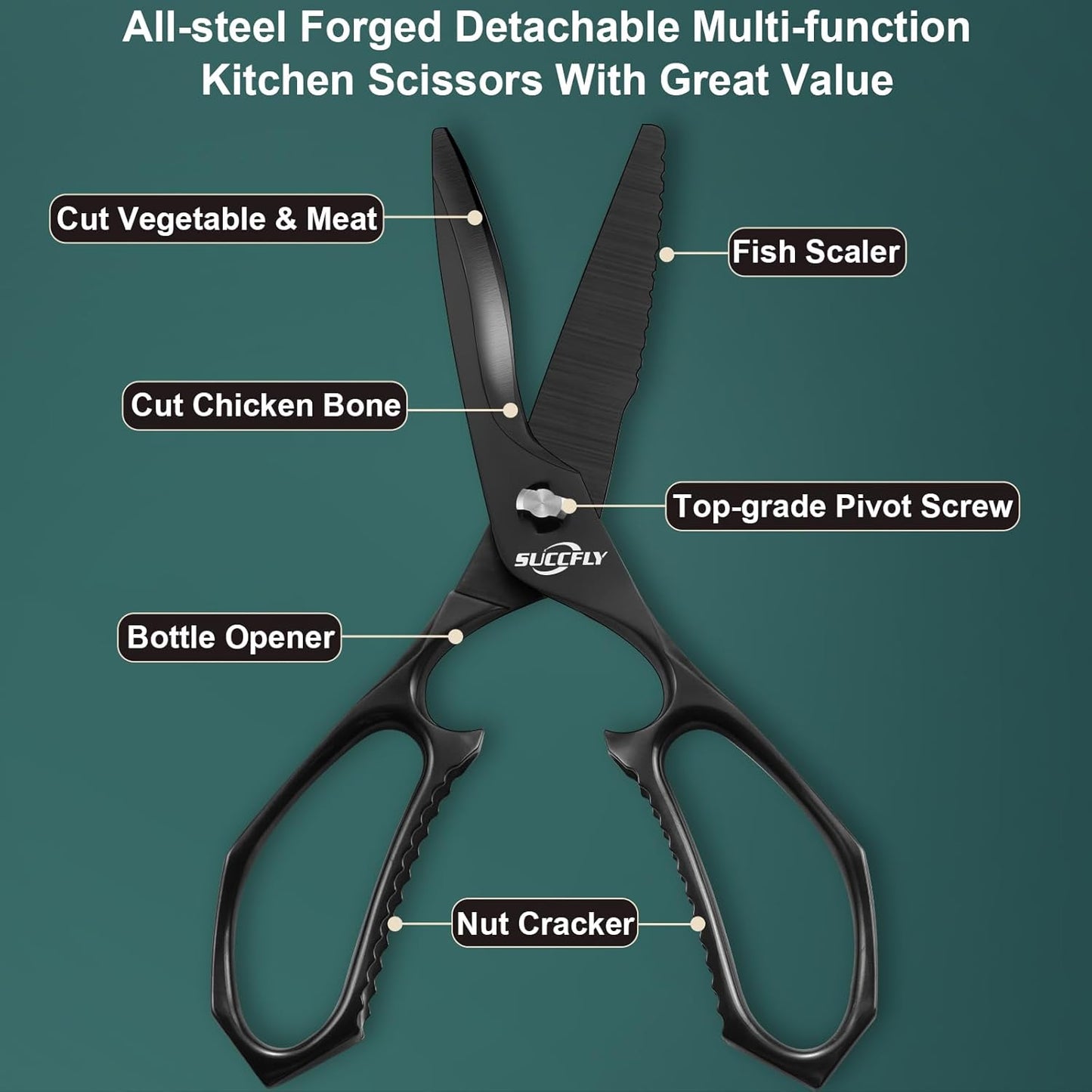 SUCCFLY Kitchen Scissors for Food，Premium Kitchen Shears Heavy Duty，8.8″Ultra Sharp Meat Scissors Detachable Blade，All Steel Poultry Shears Black Titanium Plated，Anti-Slip Cooking Scissor All Purpose