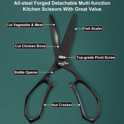 SUCCFLY Kitchen Scissors for Food，Premium Kitchen Shears Heavy Duty，8.8″Ultra Sharp Meat Scissors Detachable Blade，All Steel Poultry Shears Black Titanium Plated，Anti-Slip Cooking Scissor All Purpose