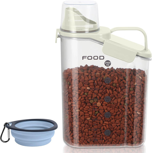 3-5Lbs Small Cat and Dog Food Storage Container BPA Free, Airtight Pet Food Storage Containers with Large Pour Spout/1 Measuring Cup/ 3 Safety Locks and Double-Layer Silicone Strip（Beige 1Pack）