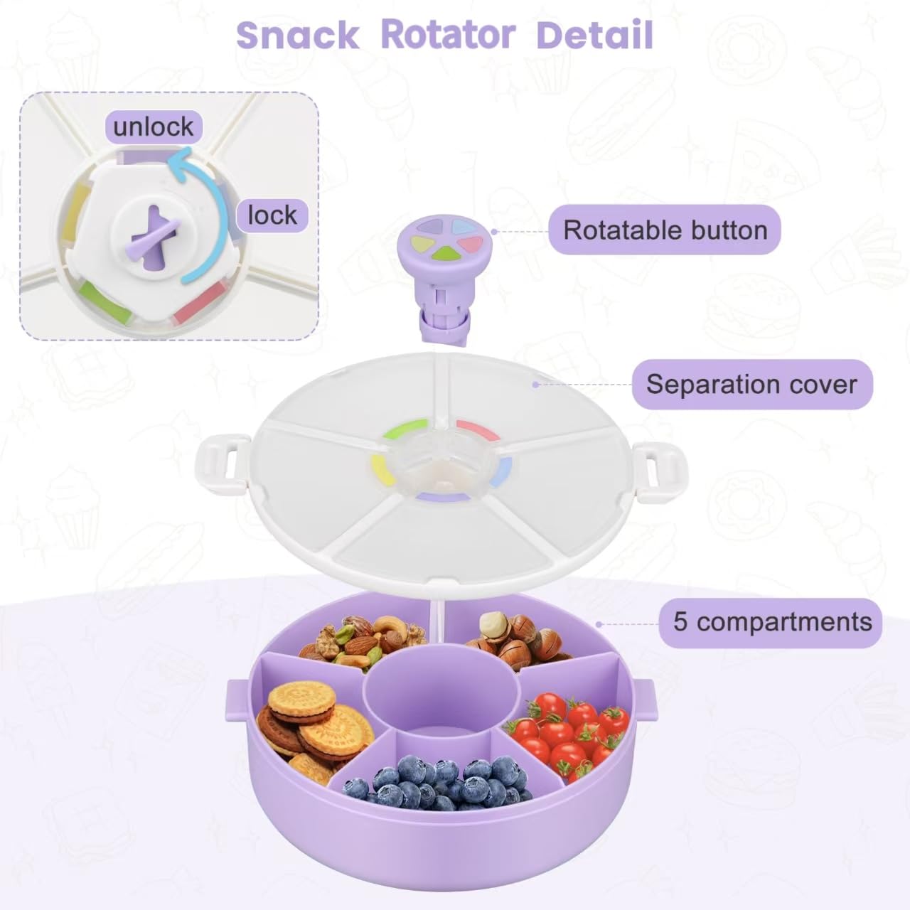 Pawtong Snack Rotator Container Reusable Snack Box with 5 Compartment Dispenser and Lid, Color Matching Opening Lid, BPA and PVC Free, for Home, School, Travel (1 Pack- Pink)