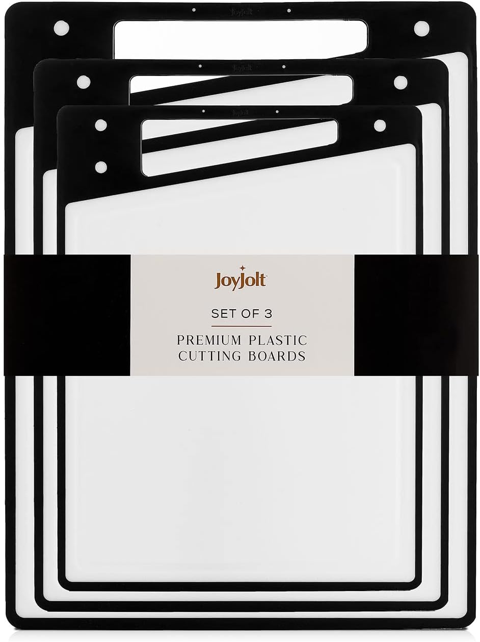 JoyJolt Plastic Cutting Board Set. White and Black Cutting Boards for Kitchen Dishwasher Safe with Handle. Non Slip Large and Small Chopping Board Set; Meat Cutting Board with Juice Groove.