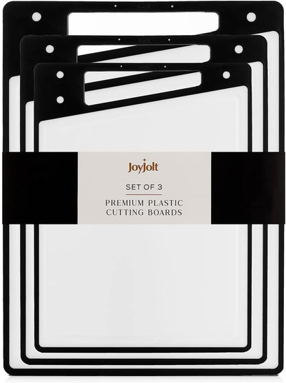 JoyJolt Plastic Cutting Board Set. White and Black Cutting Boards for Kitchen Dishwasher Safe with Handle. Non Slip Large and Small Chopping Board Set; Meat Cutting Board with Juice Groove.
