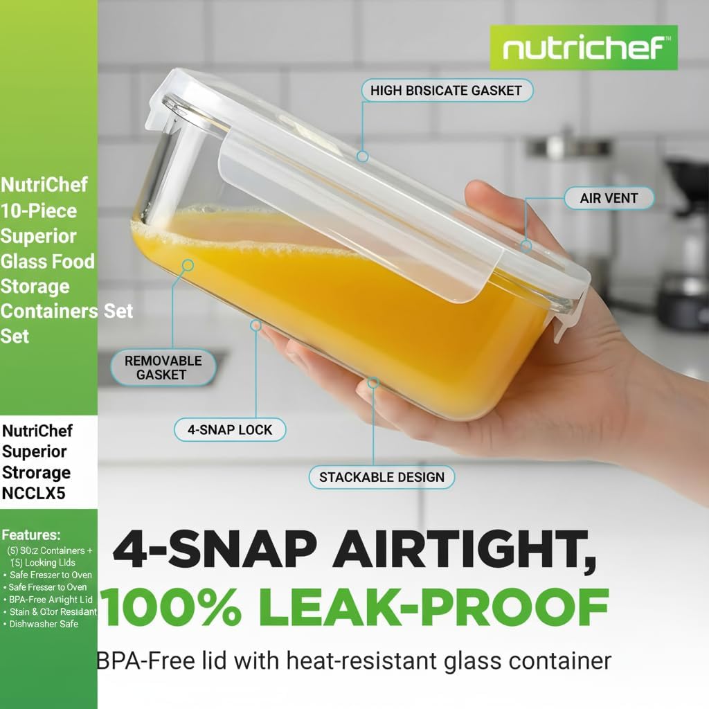 NutriChef 10 Piece Glass Food Storage Containers with Lids – 30 oz Meal Prep Containers Reusable – Airtight Glass Lunch Containers for Food Storage – Freezer to Oven Safe - Gray