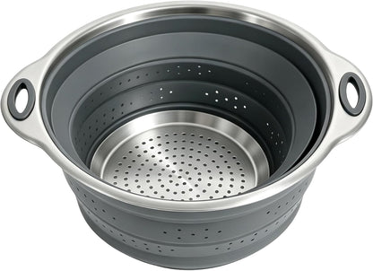 Mejoncb Collapsible Colander – Platinum Silicone Strainer with Stainless Steel Base, BPA-Free & Heat Resistant Kitchen Drain Basket (Gery)