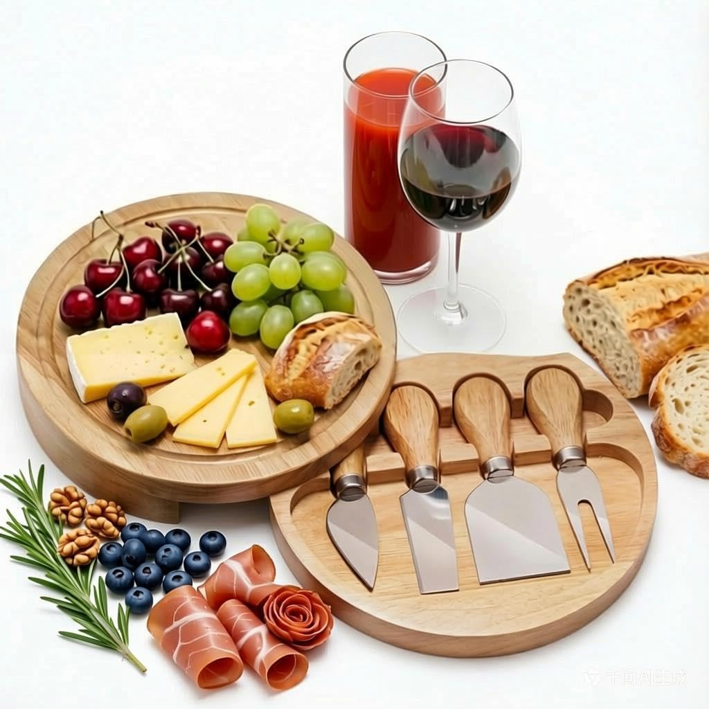 8" Round Wood Cheese Board with 4 Knives – Charcuterie Board Set with Swivel Slide-Out Drawer, Juice Groove, Compact Serving Board for Entertaining, Gifts & Travel