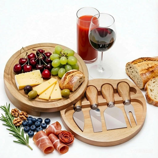 8" Round Wood Cheese Board with 4 Knives – Charcuterie Board Set with Swivel Slide-Out Drawer, Juice Groove, Compact Serving Board for Entertaining, Gifts & Travel