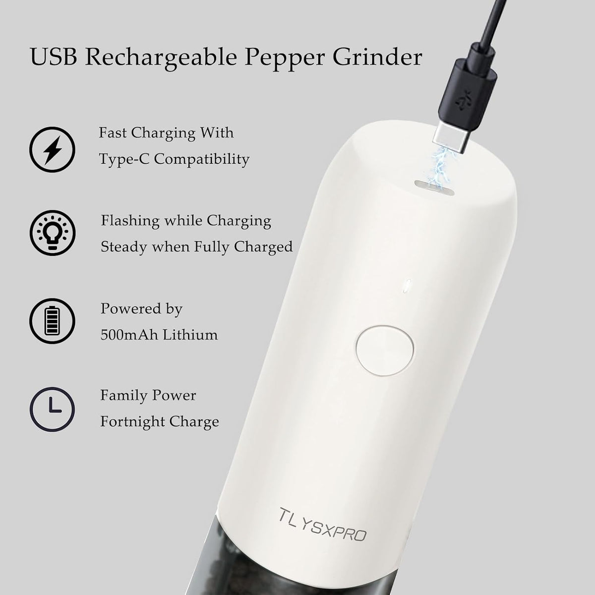 Electric Salt and Pepper Grinder, USB Rechargeable, Automatic Salt and Pepper Shaker, Adjustable Coarseness, Electric Pepper Mill, LED Light, Refillable, Kitchen Gadget (1-Pack, Stainless Steel)