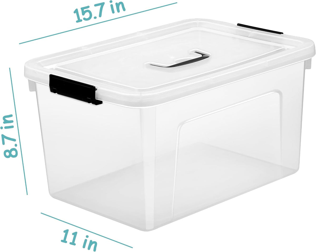 6 Quart Stackable Plastic Storage Bins with Lids, 6 Pack Clear Black Small Organizer Boxes with Latches for Bathroom, Pantry, Office Desk and Small Item Storage