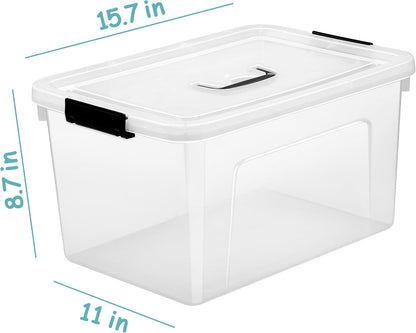 6 Quart Stackable Plastic Storage Bins with Lids, 6 Pack Clear Black Small Organizer Boxes with Latches for Bathroom, Pantry, Office Desk and Small Item Storage
