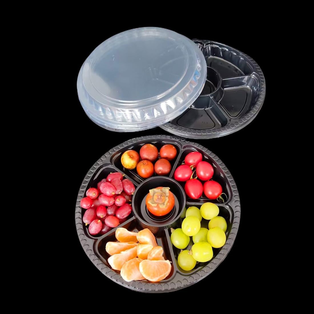 Black Plastic Appetizer Trays with Lids, Travel Round Disposable Compartment Serving Platters,6 Sectional Catering Trays for Vegetable Salad Food for Fruit Veggie Snack Food Containers (12 Pack)