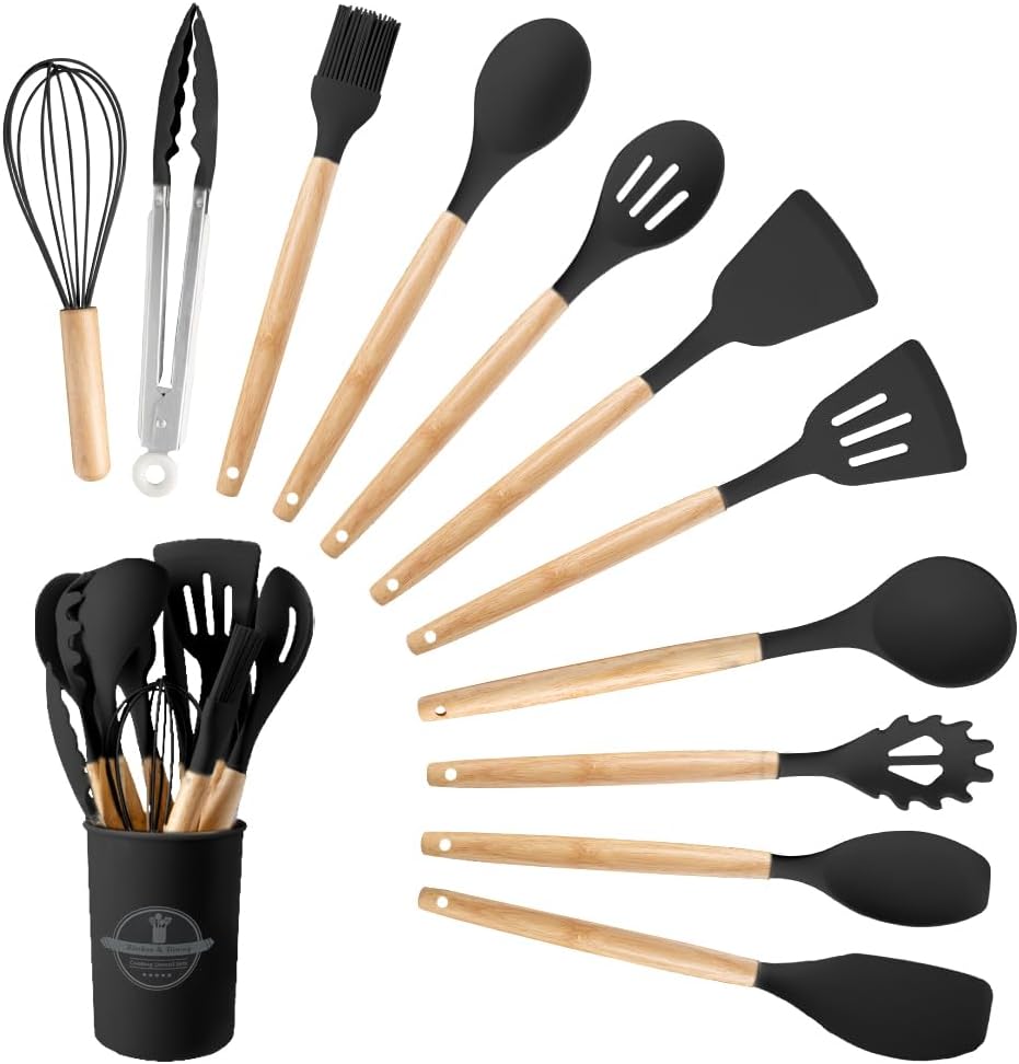 Silicone Cooking Utensils Set, 12Pcs Large Heat Resistant Kitchen Utensils, Turner Tongs, Spatula, Spoon, Wooden Handle Kitchen Gadgets with Holder for Nonstick Cookware, Dishwasher Safe (Grey)