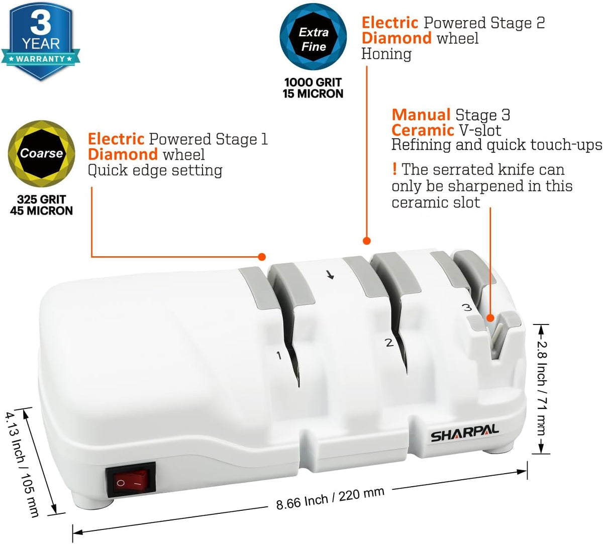 SHARPAL 198H Electric Knife Sharpener 3 Stage with Diamond Wheels