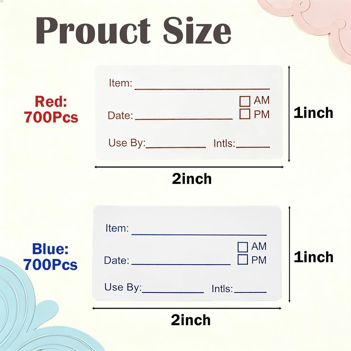 1400 Pcs Food Date Stickers, 1 x 2 Inch Removable Date Labels for Freezer & Refrigerator Food Containers, Easy to Write- Blue & Red