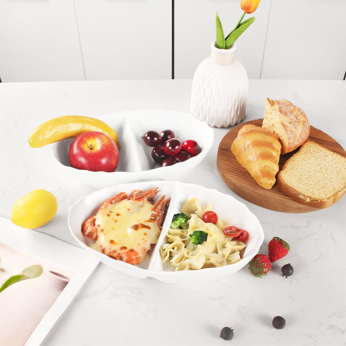 Ceramic 10.9 Inch Chips and Dip Set, Chips and Dip Divided Tray, Moisture Proof Cereal Bowl (for Salad, Pasta, Fruit, Sauce), Divided Moisture Proof Cereal Bowl Buffet Bowl Set