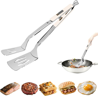 13.5-inch Stainless Steel Tongs for Cooking – Versatile Metal Spatula Tongs for Flipping, Picking Up, Cutting, and Stir-Frying Meats and Other Foods. Kitchen Tongs Durable and Multifunctional.(White)