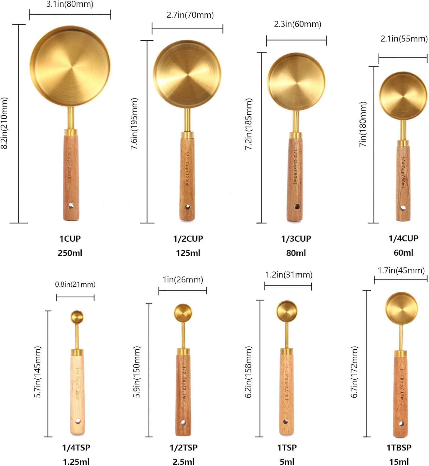 Gold Measuring Cups and Spoons Set with Fragrant Wood Handles, Premium Stainless Steel Measuring Spoons and Measuring Cups Set, For Cooking and Baking in the Kitchen (8 Piece)