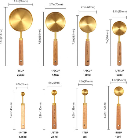 Gold Measuring Cups and Spoons Set with Fragrant Wood Handles, Premium Stainless Steel Measuring Spoons and Measuring Cups Set, For Cooking and Baking in the Kitchen (8 Piece)