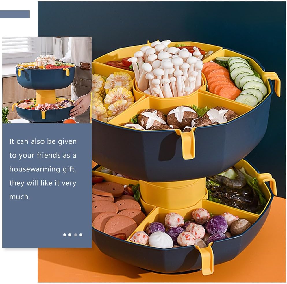 Rotatable Vegetable Draining Basket with Handle - Multi-Grid Hot Pot Serving Platter for Fruits and Vegetables