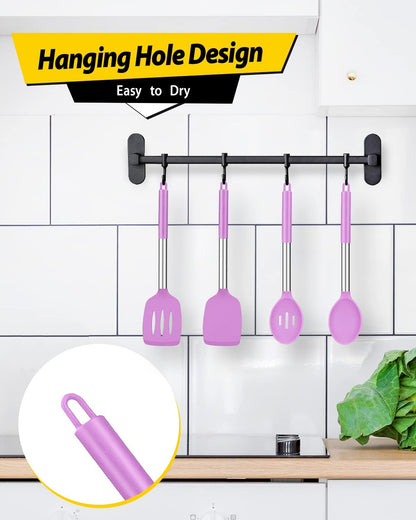 Pack of 4 Silicone Cooking Utensils Set, Non Stick Large Solid Spatulas, Heat Resistant Black Slotted Spoons, Ideal BPA Free Kitchen Turners for Frying, Mixing,Serving,Draining,Turning,Stirring