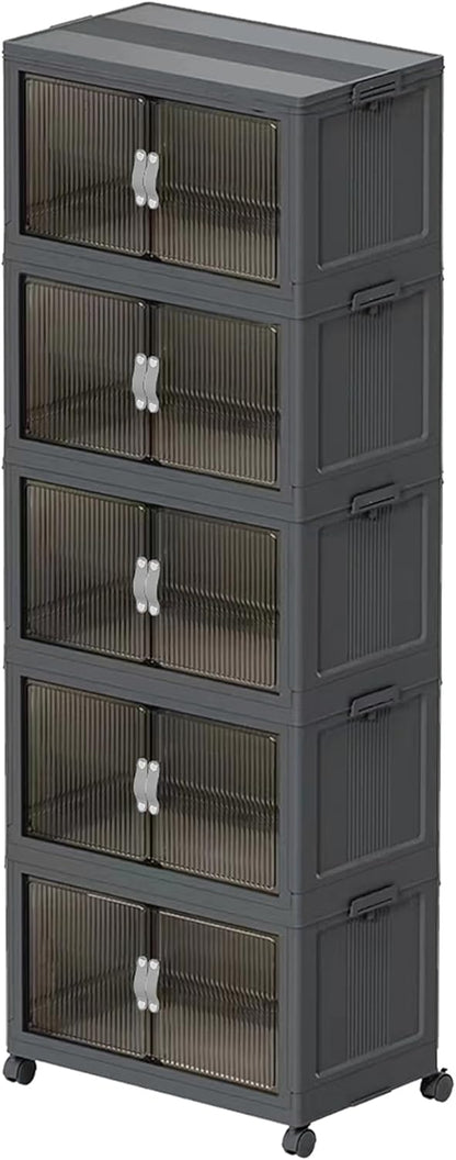 51QT Stackable Storage Bins with Lids & Wheels - Foldable Cabinet Clear Door Plastic Organizer Containers for Home, Garage, Pantry Organization - Collapsible Design Gray 5T