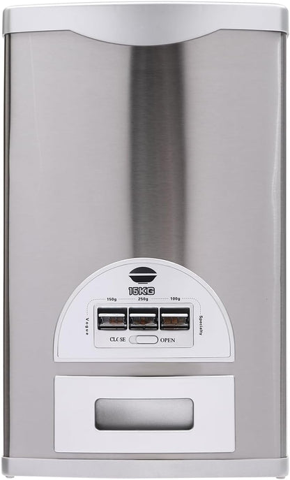 33LBS Stainless Steel Rice Dispenser - Automatic Measuring Dispenser with 3 Gears, Large Capacity Rice Storage Container for Kitchen/Pantry (Silver)