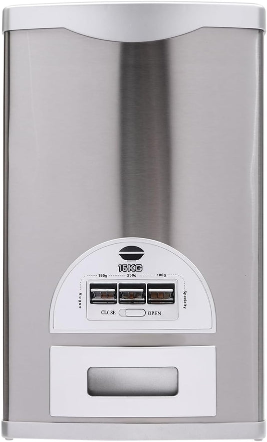 33LBS Stainless Steel Rice Dispenser - Automatic Measuring Dispenser with 3 Gears, Large Capacity Rice Storage Container for Kitchen/Pantry (Silver)