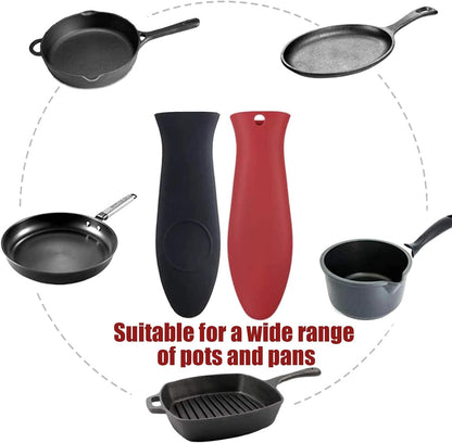 2 Pack Silicone Pan Handle Sleeve, Heat Resistant Cast Iron Skillet Handle Covers for Pots and Pans, Assist Handle Holder Grip for Kitchen Frying Griddles Cookware (Red & Black)