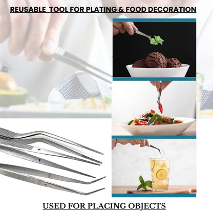 Food Plating Tweezers Culinary Kitchen Tongs Straight + Angled Tips 6" Long for Cookie Cake Decorating/Baking/Cooking Made of Stainless Steel with Fine Serrations Kitchen Utensils