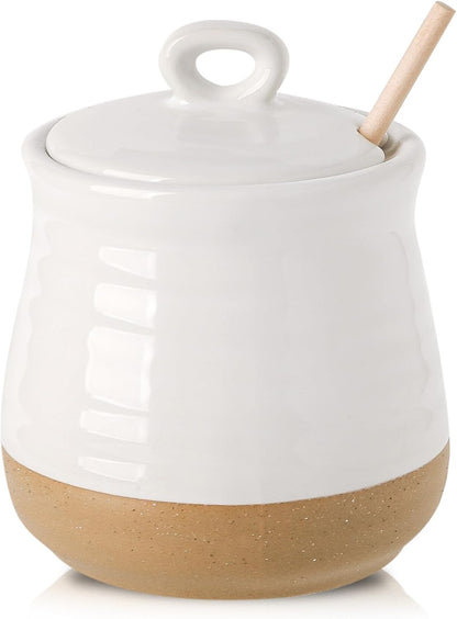 HASENSE Ceramic Honey Pot with Lid, 12 Ounce HoneyJar with Wooden Dipper, Honey Dipper Stick and Jar Set, Cute Small Container for Christmas Thanksgiving Gift, Dishwasher Safe, Blue