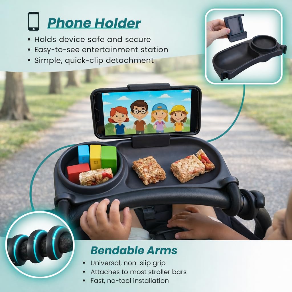 Swanoo Universal Stroller Snack Tray | Compatible With Nuna Mockingbird Bugaboo Uppababy | Stroller Bumper Bar Tray Attachment with Cup Holder | Baby Toddler Disneyland Essentials Stroller Accessories