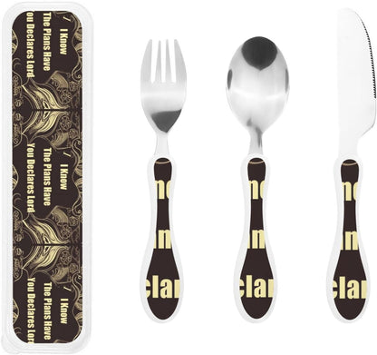 3-Piece Kids Silverware Set With Storage Case, Stainless Steel Reusable Children Safe Knife Spoon Fork Set Leaves Floral On Rustic Wood Children Flatware Set For Kids Lunch Box