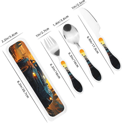 3-Piece Kids Silverware Set With Storage Case, Stainless Steel Reusable Children Safe Knife Spoon Fork Set Blue Active Girl Running Sunset Children Flatware Set For Kids Lunch Box - Colors A