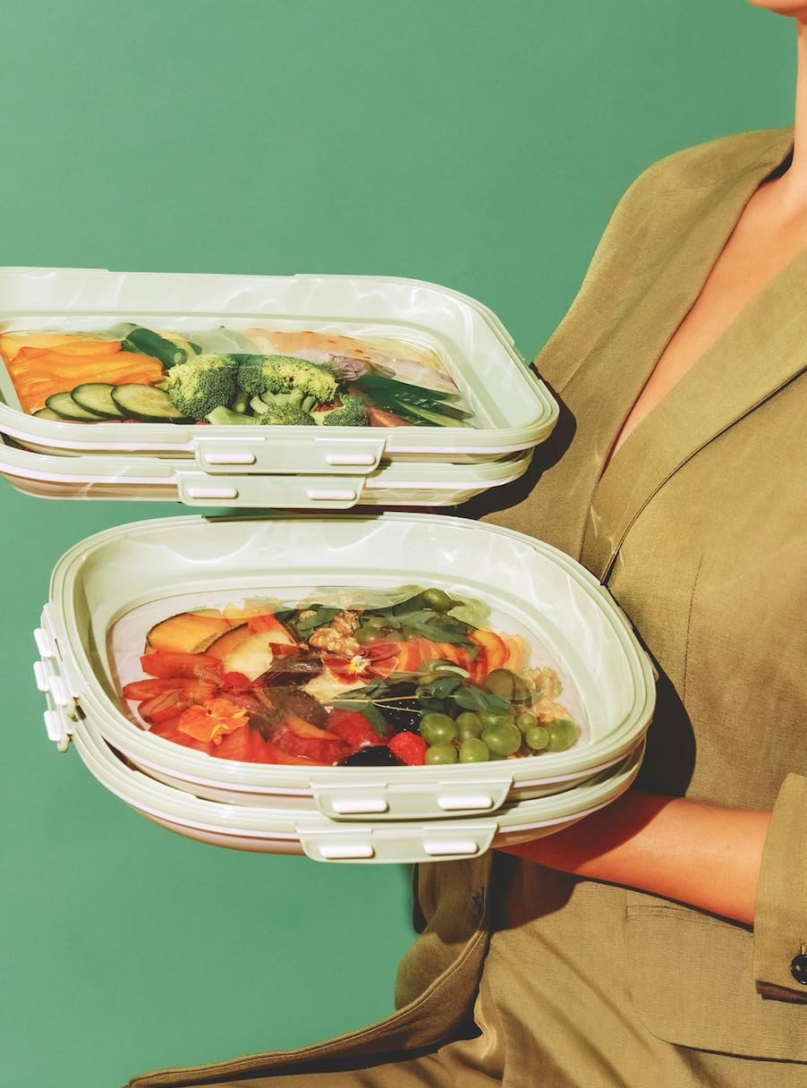 Crudités | Portable Snack Tray | Rectangle 2-Pack | Cream White | Reversible Stretch Lid Food Containers | BPA-Free, Freezer & Dishwasher Safe | Meal-Prep, Charcuterie, Salads, Picnic, Travel
