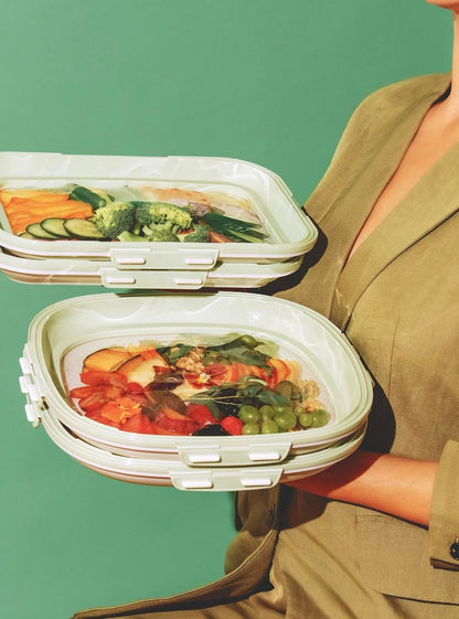 Crudités | Portable Snack Tray | Rectangle 2-Pack | Cream White | Reversible Stretch Lid Food Containers | BPA-Free, Freezer & Dishwasher Safe | Meal-Prep, Charcuterie, Salads, Picnic, Travel