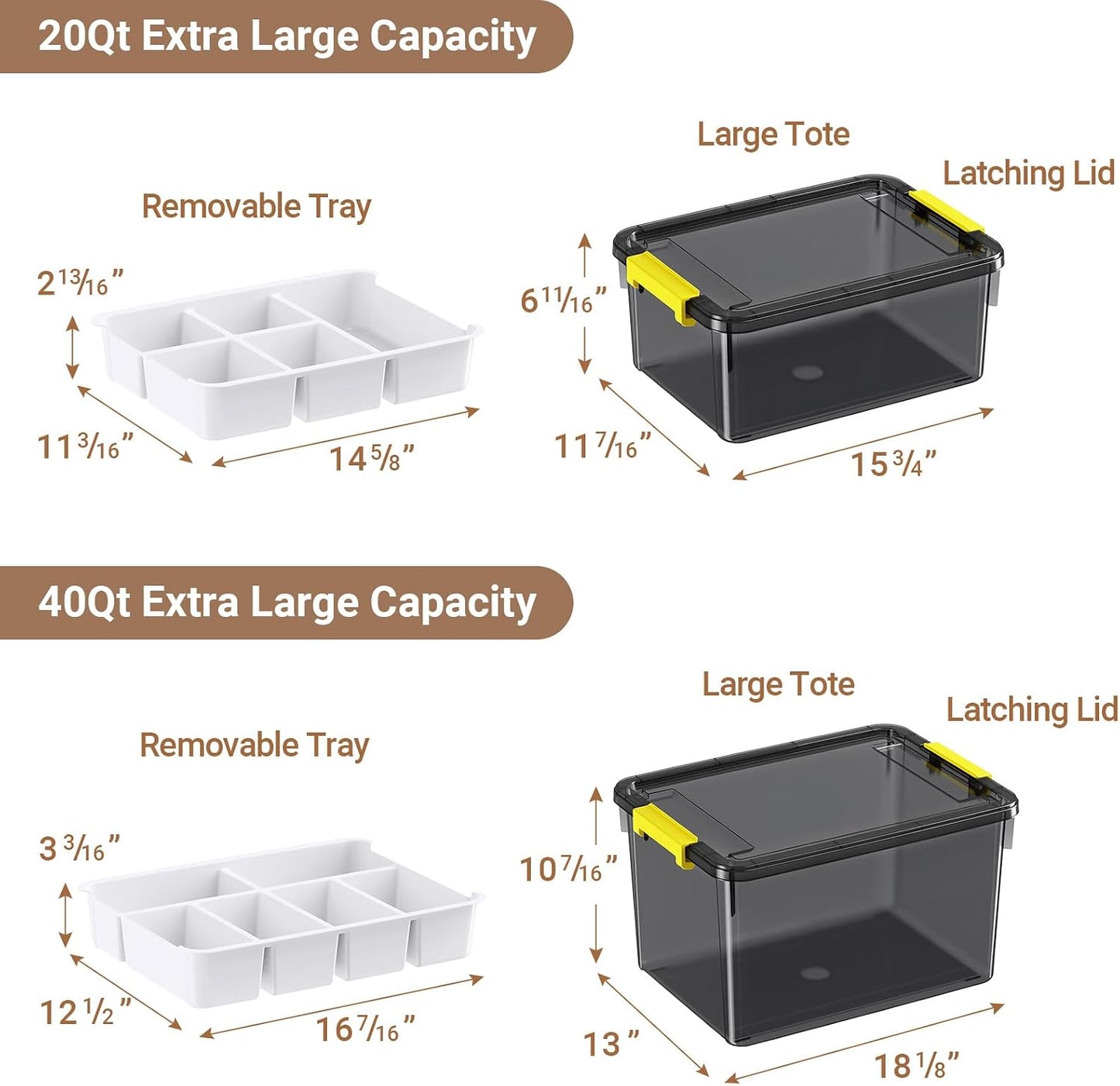 40Qt Stackable Storage Bins with Lids & Trays, Clear Plastic Latching Boxes Organizers with Dividers Portable 10Gal Containers for Arts & Crafts, Home and Car Trunk Organization, 2Pack