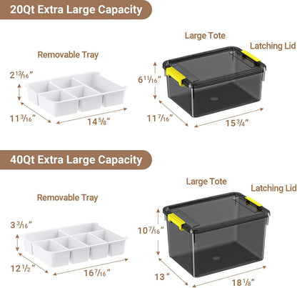 40Qt Stackable Storage Bins with Lids & Trays, Clear Plastic Latching Boxes Organizers with Dividers Portable 10Gal Containers for Arts & Crafts, Home and Car Trunk Organization, 2Pack