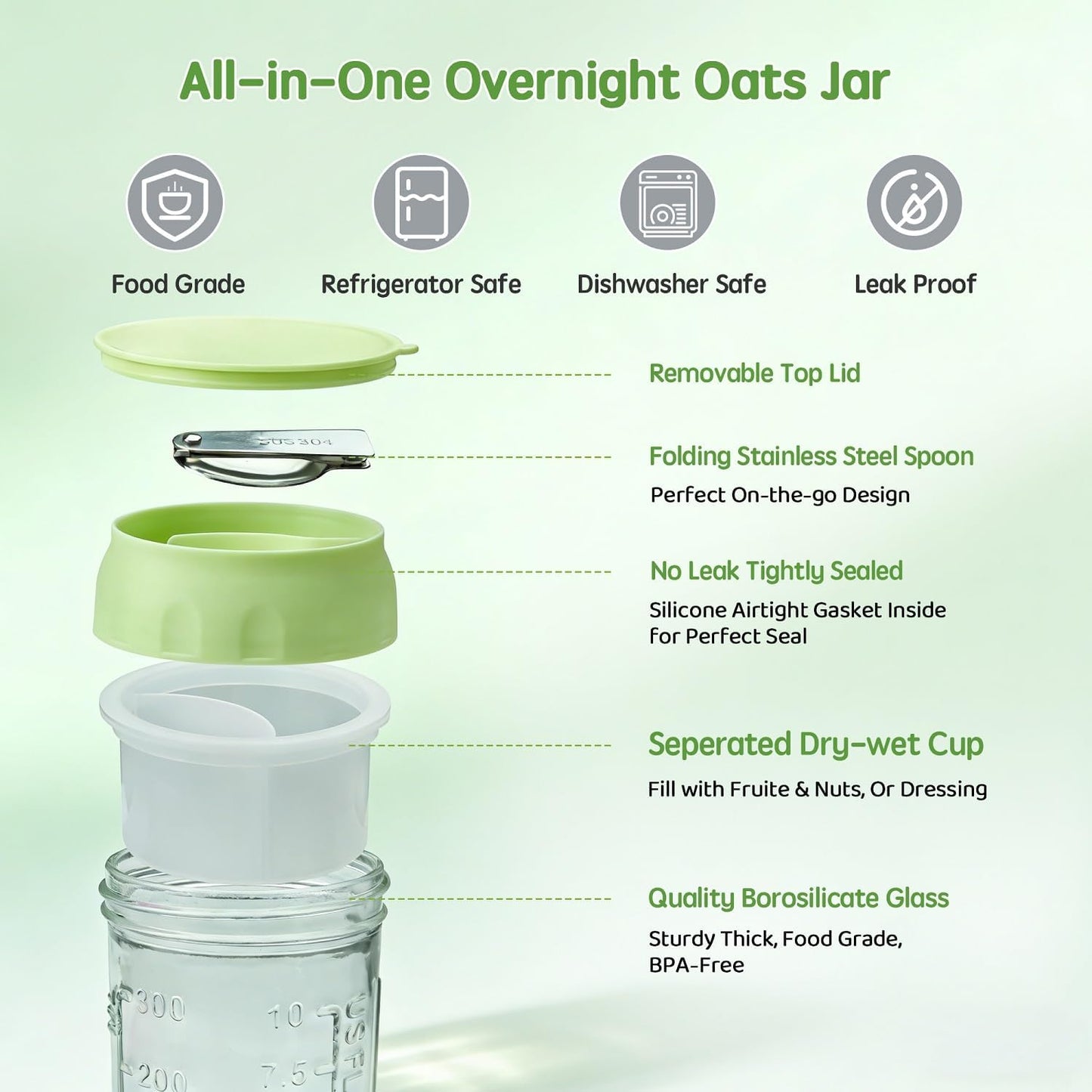 Overnight Oats Containers with Lids and Spoons - 4 Pack 16 oz Glass Mason Jars with Separate Compartments Airtight Overnight Oat Jars Leakproof Yogurt Parfait Cup for Oatmeal Chia Pudding Cereal Salad