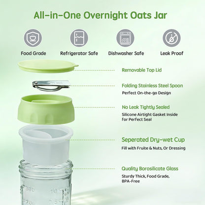 Overnight Oats Containers with Lids and Spoons - 4 Pack 16 oz Glass Mason Jars with Separate Compartments Airtight Overnight Oat Jars Leakproof Yogurt Parfait Cup for Oatmeal Chia Pudding Cereal Salad