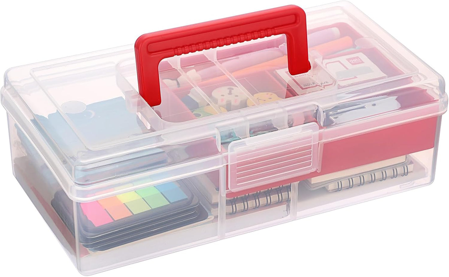 JUXYES Plastic Carry Storage Box with Removable Dividers, Clear Art Craft Supply Storage Bin Sewing Box With Handle Lid, 2 Layers Stationery Storage Case for School/Office Supplies