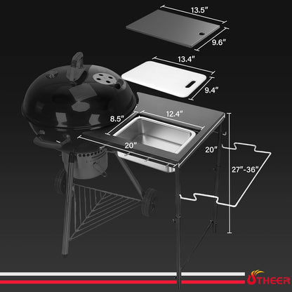 Upgraded Grill Table for Weber Kettle 22"/18"/26", Master Touch 22", Smokey Mountain, Recteq Pellet Grill RT-B380, Prep Station with Cutting Board, Basin, 4 Hooks, Shelf for Weber Kettle Accessories