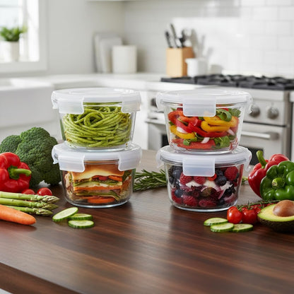 H.JSS WDJS 3Cup Round Glass Food Storage Containers with Airtight lids, 23oz Glass Meal Prep Containers, Heat-Resistant BPA-Free for Soup Leftover, Microwave, Dishwasher and Fridge Safe (white-4Pack)