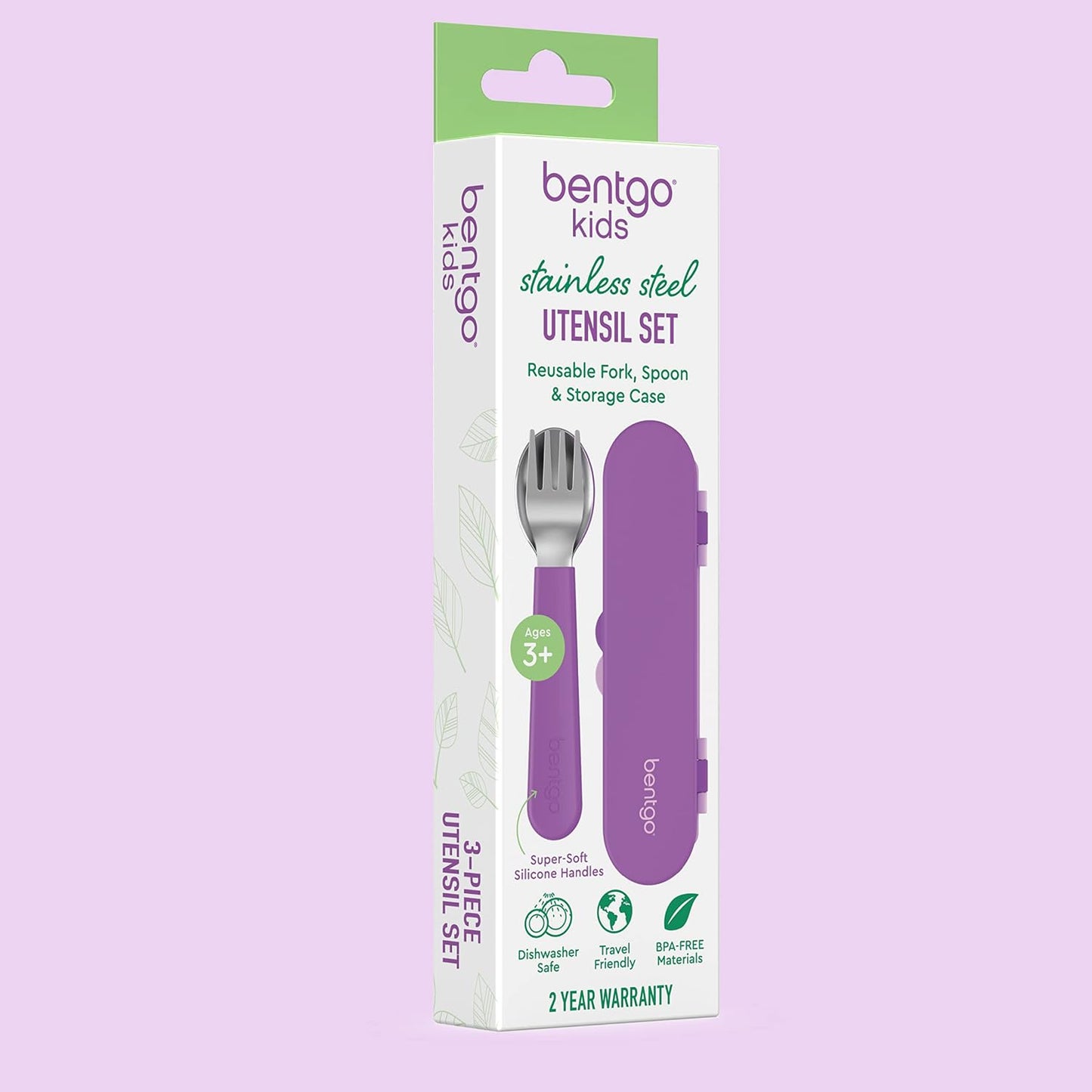 Bentgo Kids Stainless Steel Utensil Set - Reusable Fork, Spoon & Storage Case, PFAS- & BPA-Free, Easy-Grip Handles, Lightweight, Dishwasher Safe, School Lunch, Travel & Outdoors (Dinosaur)