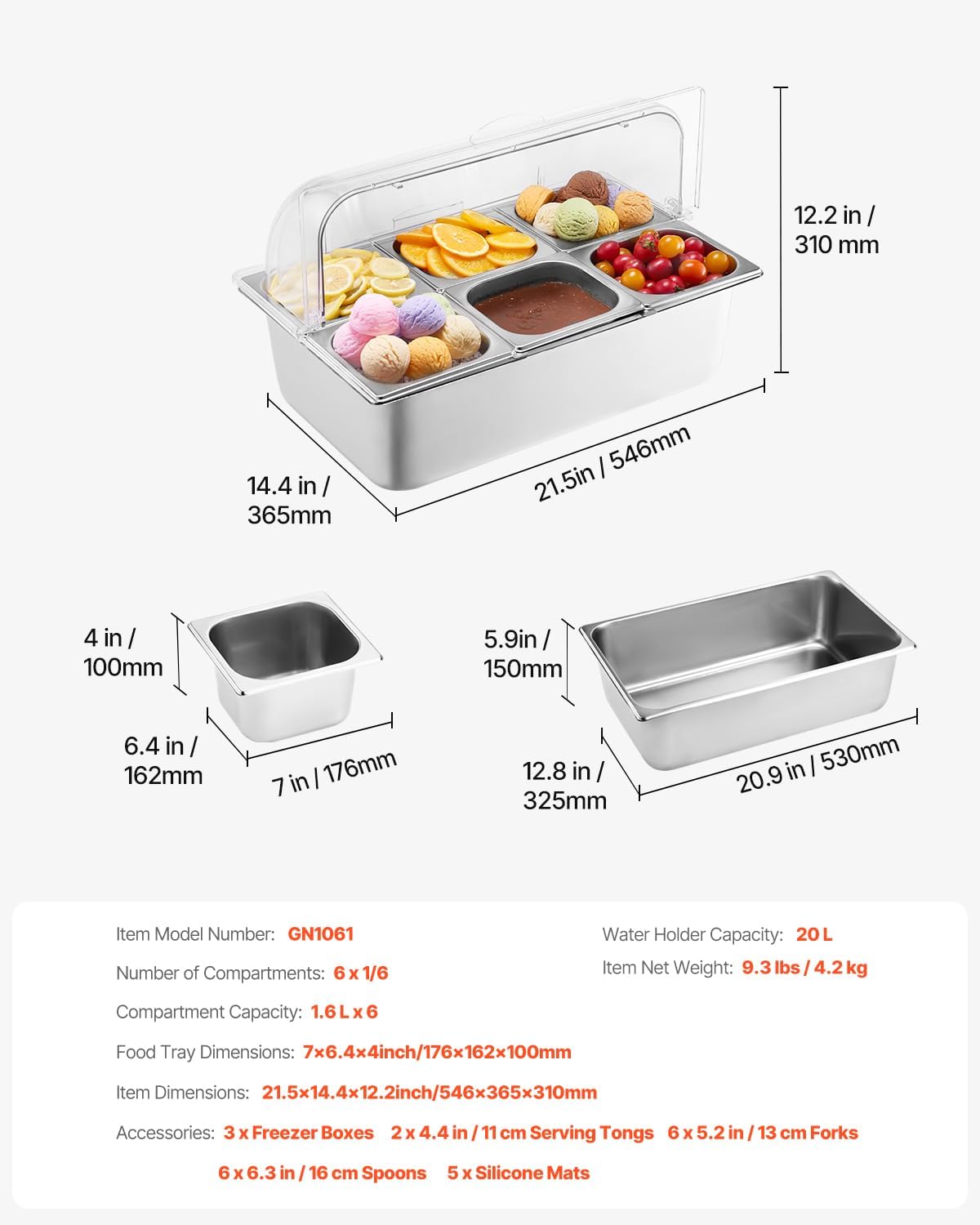 VEVOR Chilled Condiment Server Caddy, 5 Compartment Ice Cooled Serving Container, Plastic Fruit Garnish Tray Platter with Lid, for Taco Salad Bar Accessories, Party Home Restaurant Supplies