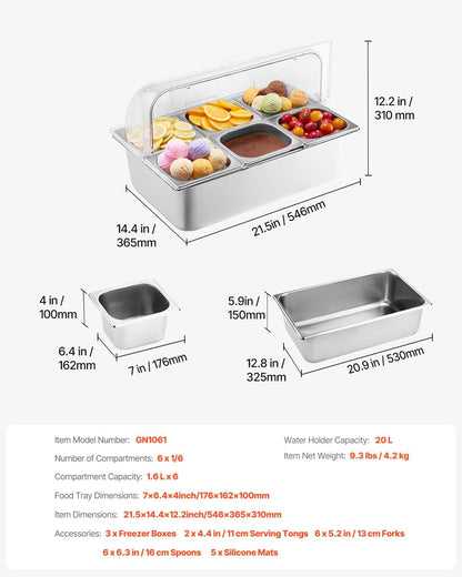 VEVOR Chilled Condiment Server Caddy, 5 Compartment Ice Cooled Serving Container, Plastic Fruit Garnish Tray Platter with Lid, for Taco Salad Bar Accessories, Party Home Restaurant Supplies